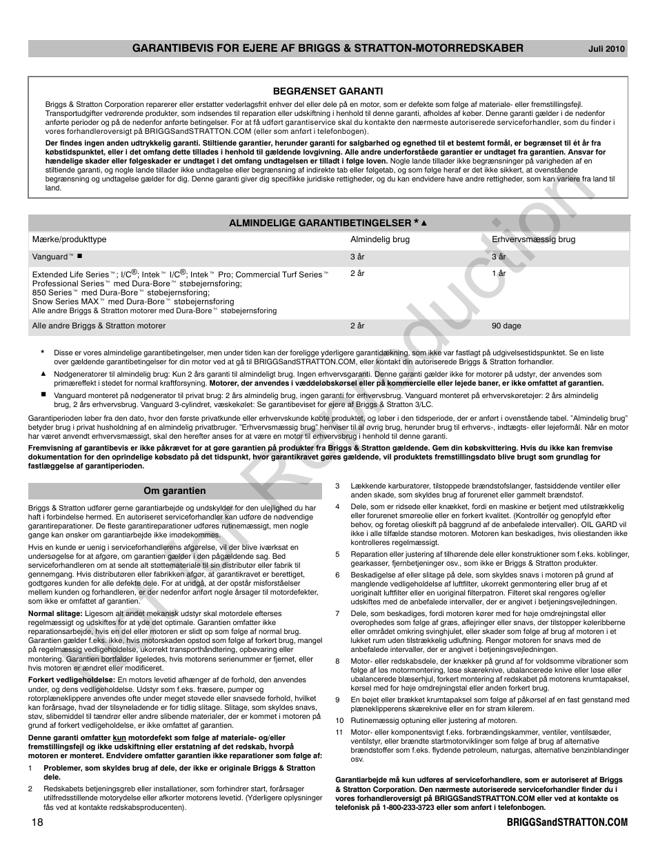 Not for reproduction | Briggs & Stratton 140000 User Manual | Page 18 / 92