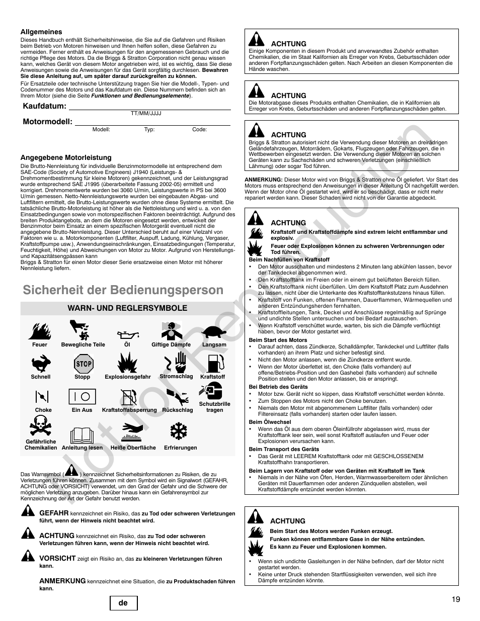 Not for reproduction, Sicherheit der bedienungsperson, 19 de | Kaufdatum: motormodell, Warn- und reglersymbole | Briggs & Stratton 140000 User Manual | Page 19 / 92