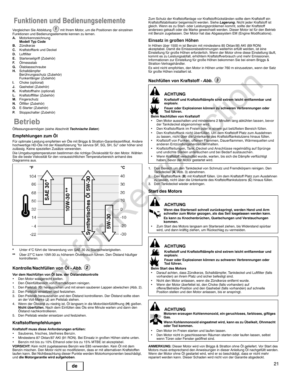 Not for reproduction, Funktionen und bedienungselemente, Betrieb | Briggs & Stratton 140000 User Manual | Page 21 / 92