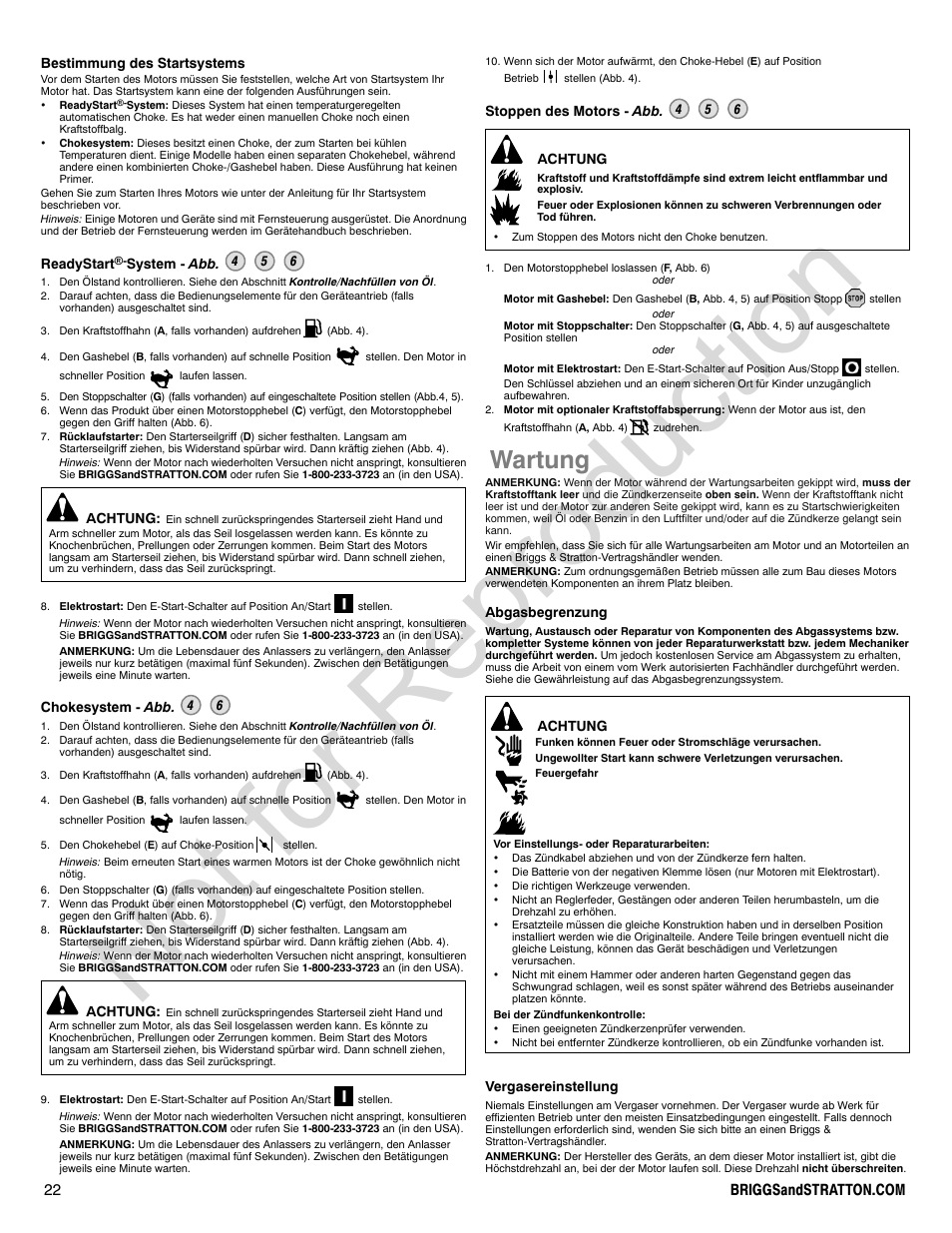 Not for reproduction, Wartung | Briggs & Stratton 140000 User Manual | Page 22 / 92