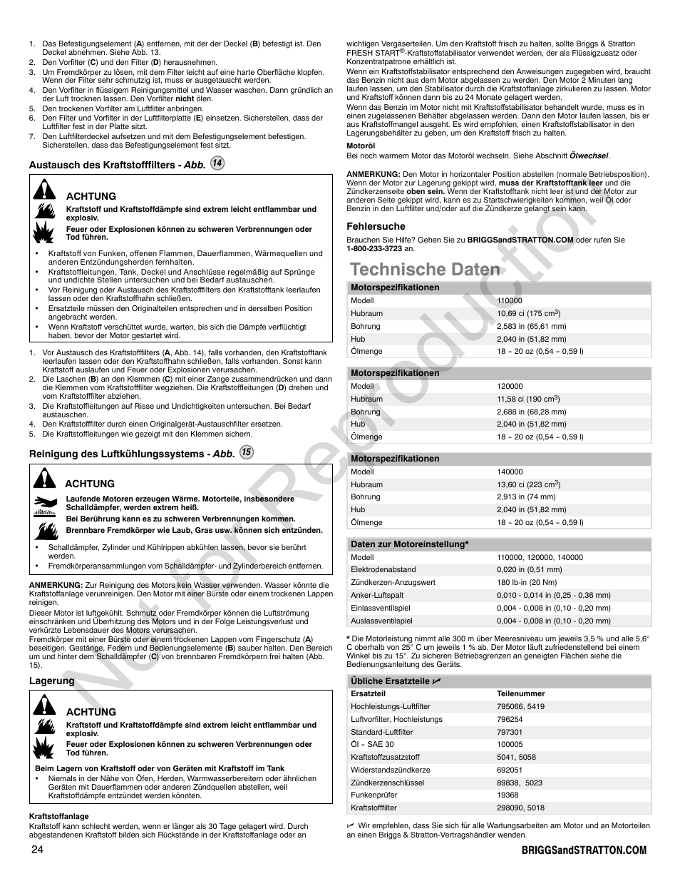 Not for reproduction, Technische daten | Briggs & Stratton 140000 User Manual | Page 24 / 92