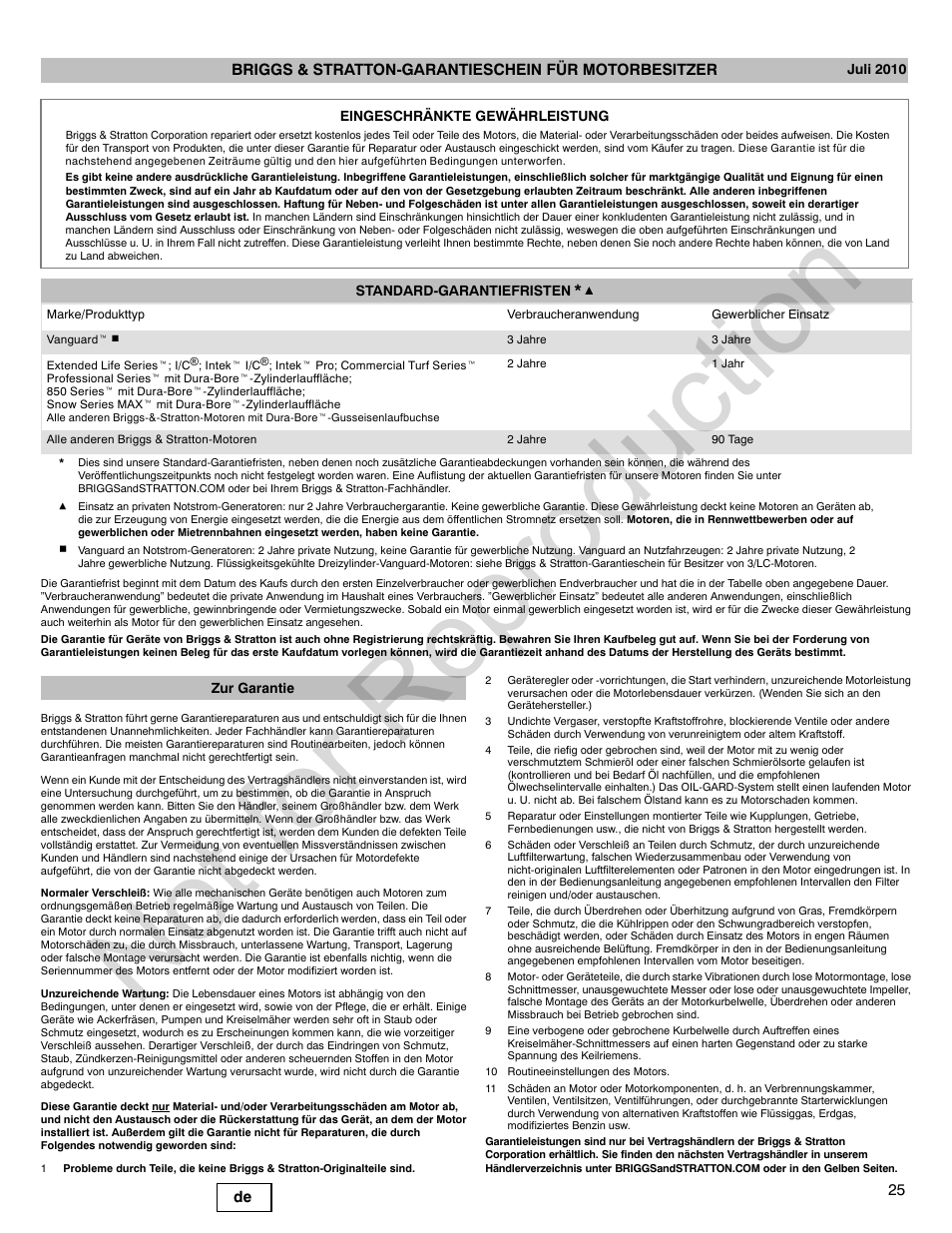 Not for reproduction | Briggs & Stratton 140000 User Manual | Page 25 / 92
