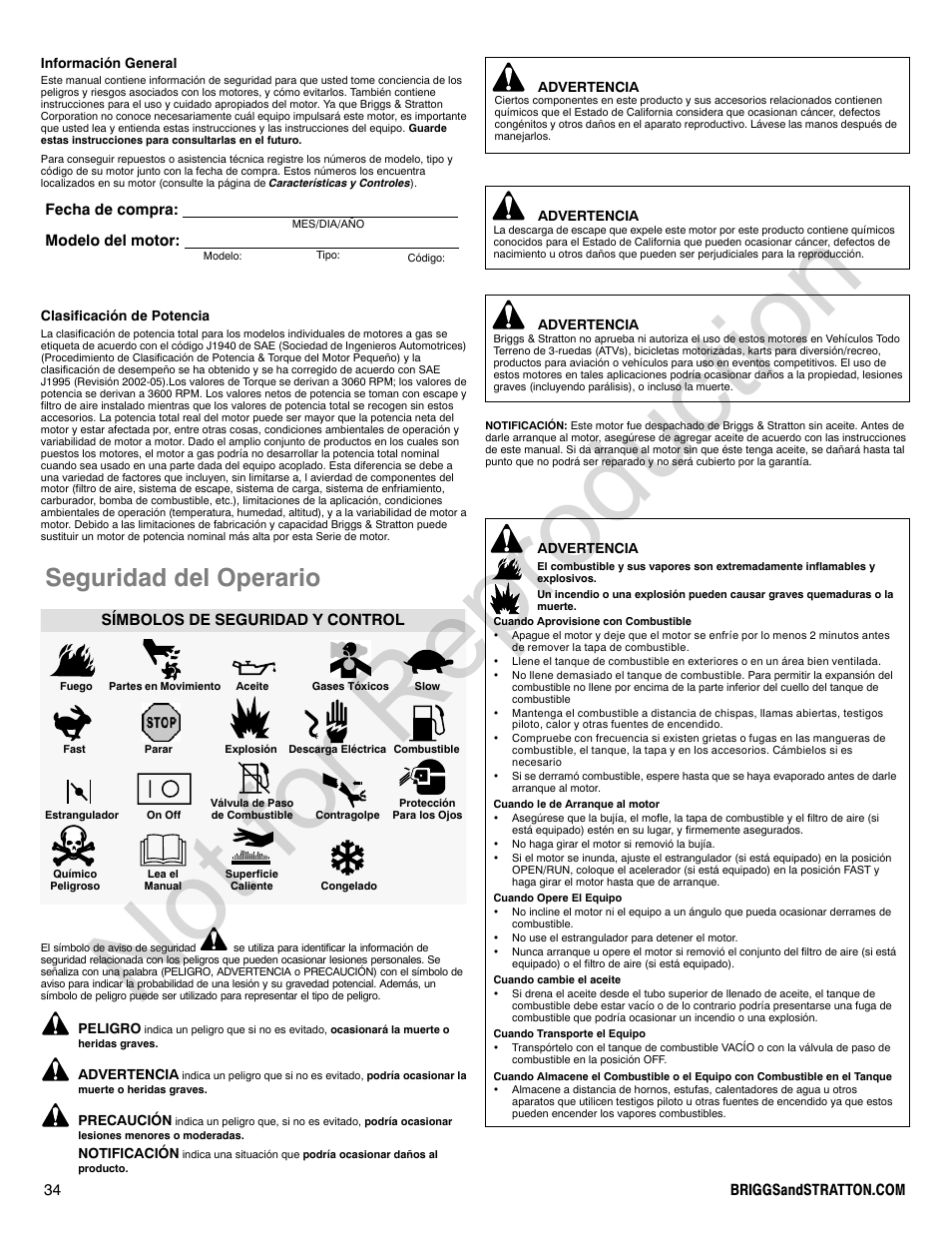 Not for reproduction, Seguridad del operario, Fecha de compra: modelo del motor | Símbolos de seguridad y control | Briggs & Stratton 140000 User Manual | Page 34 / 92