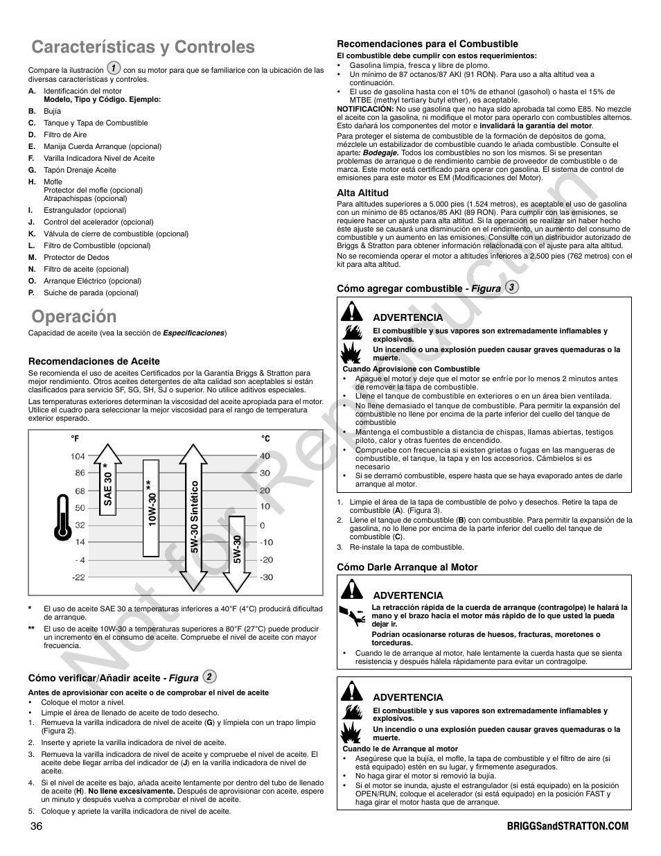 Not for reproduction, Características y controles, Operación | Briggs & Stratton 140000 User Manual | Page 36 / 92