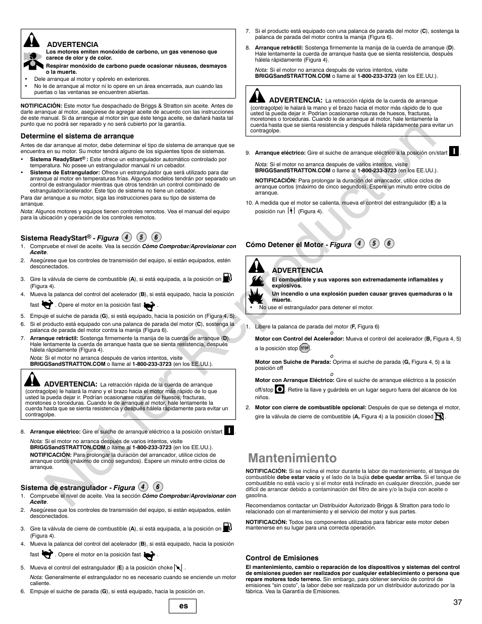 Not for reproduction, Mantenimiento, 37 es | Briggs & Stratton 140000 User Manual | Page 37 / 92