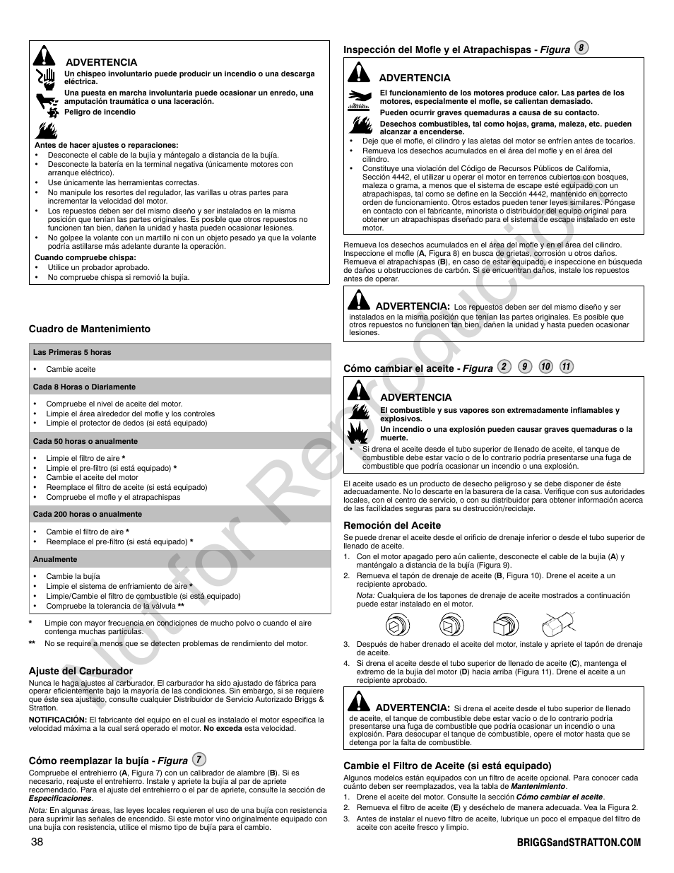 Not for reproduction | Briggs & Stratton 140000 User Manual | Page 38 / 92