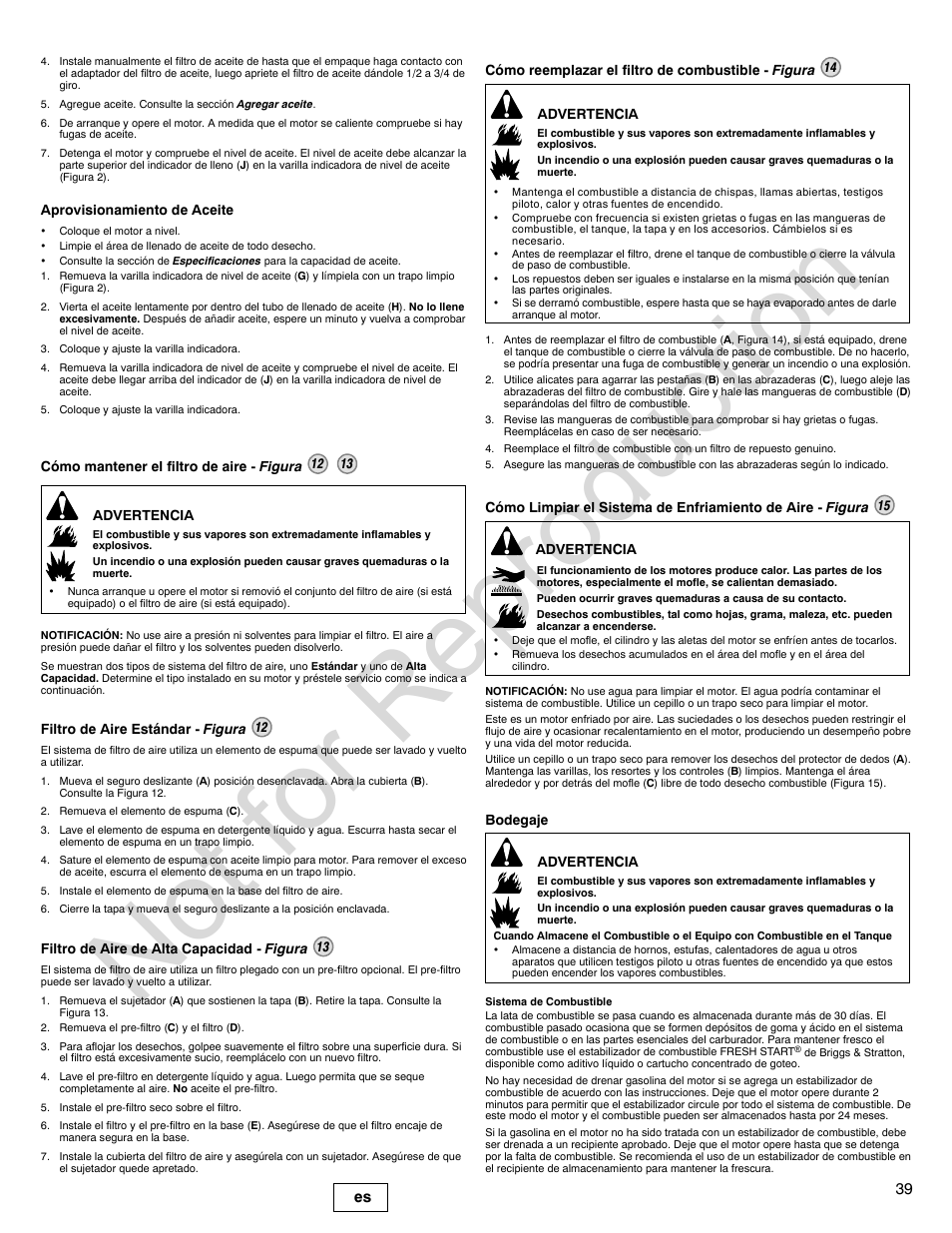 Not for reproduction, 39 es | Briggs & Stratton 140000 User Manual | Page 39 / 92