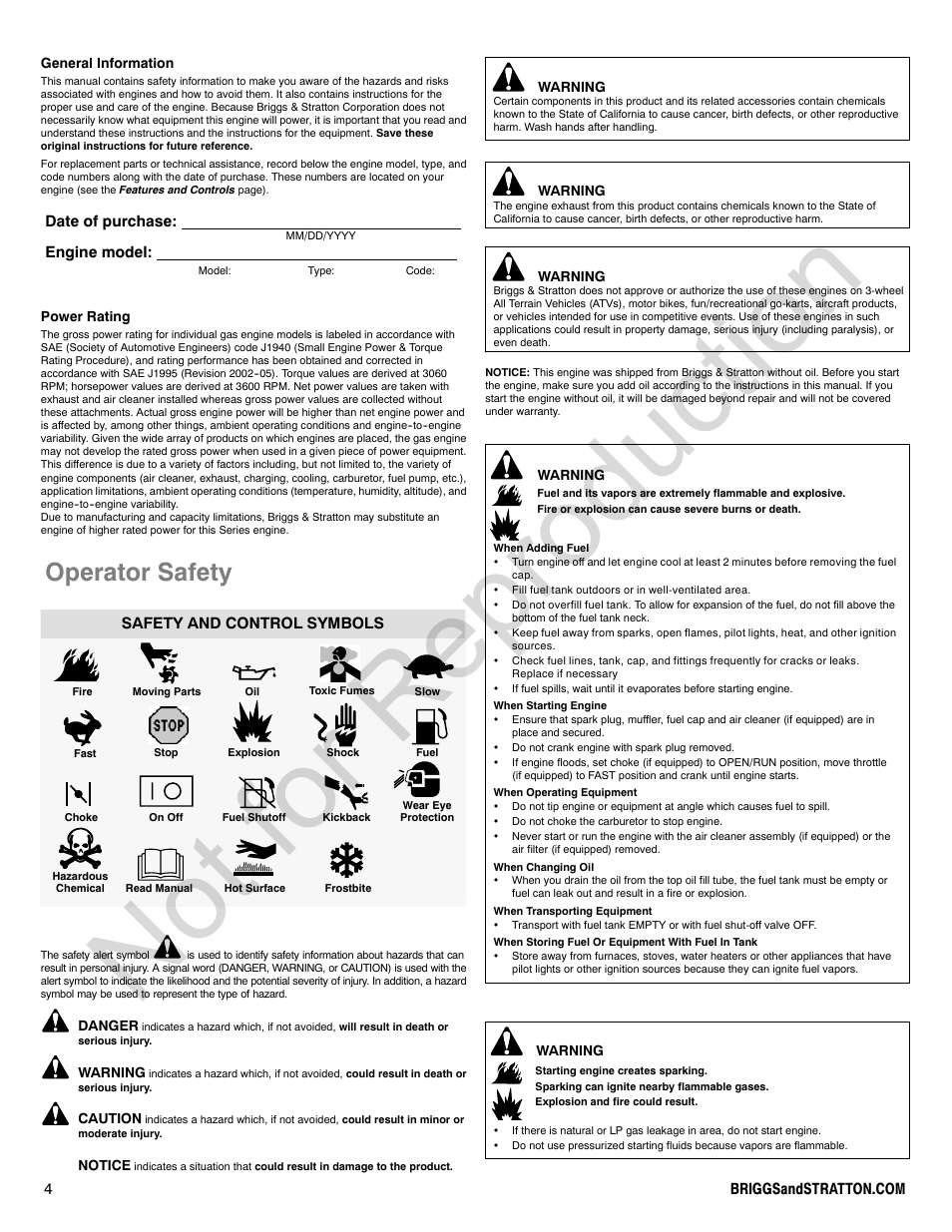Not for reproduction, Operator safety, Date of purchase: engine model | Safety and control symbols | Briggs & Stratton 140000 User Manual | Page 4 / 92