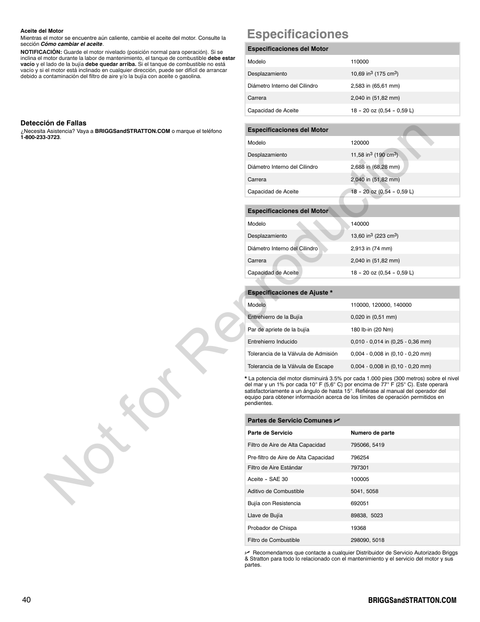 Not for reproduction, Especificaciones | Briggs & Stratton 140000 User Manual | Page 40 / 92