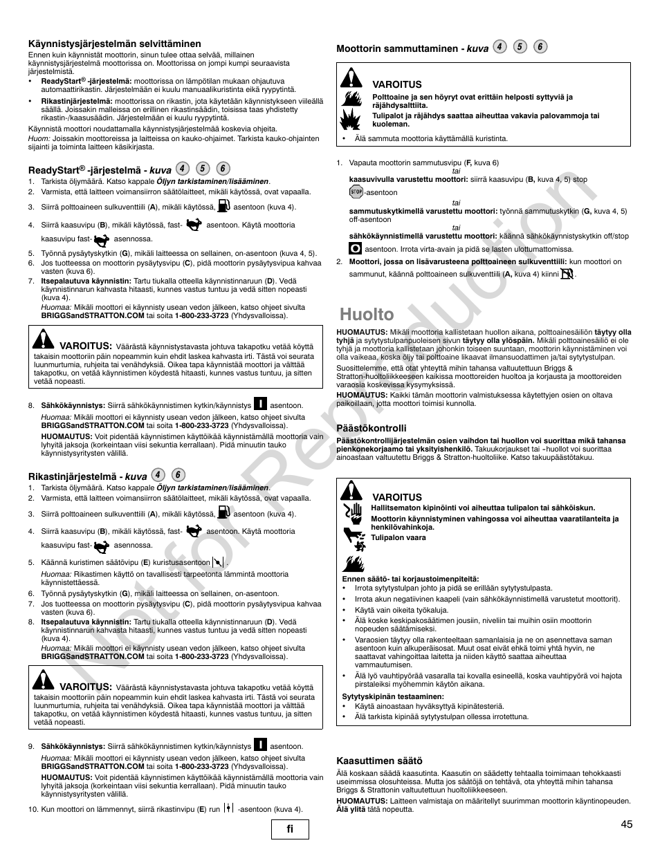 Not for reproduction, Huolto, 45 fi | Briggs & Stratton 140000 User Manual | Page 45 / 92