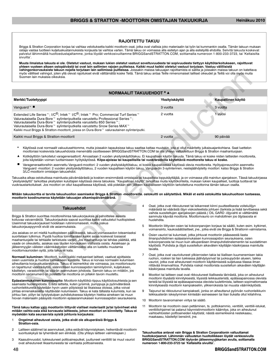 Not for reproduction | Briggs & Stratton 140000 User Manual | Page 48 / 92