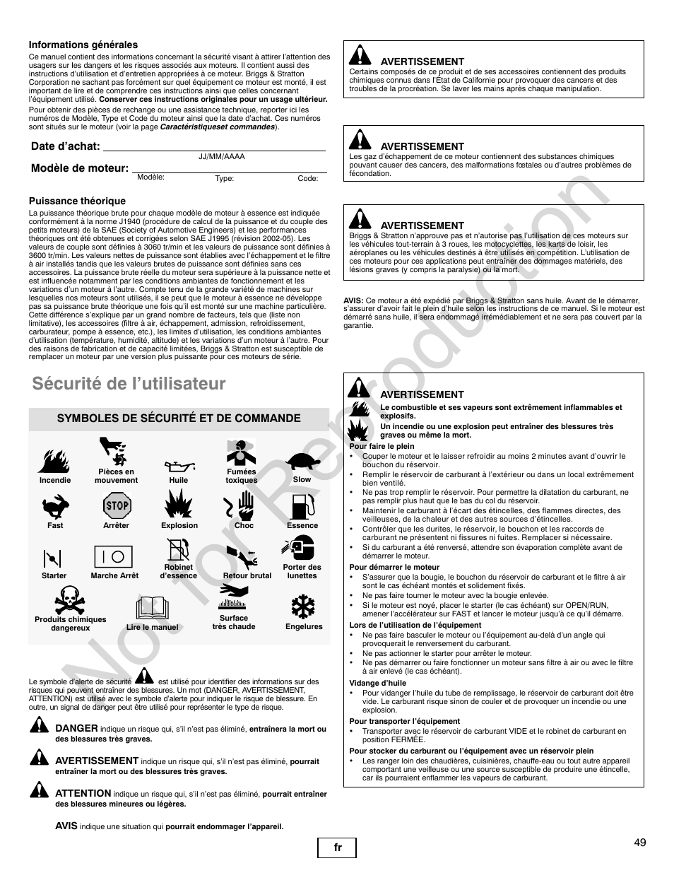 Not for reproduction, Sécurité de l’utilisateur, 49 fr | Date d’achat: modèle de moteur, Symboles de sécurité et de commande | Briggs & Stratton 140000 User Manual | Page 49 / 92