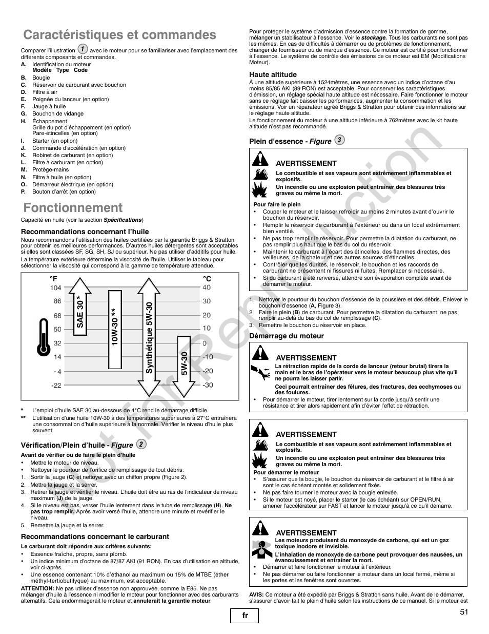 Not for reproduction, Caractéristiques et commandes, Fonctionnement | Briggs & Stratton 140000 User Manual | Page 51 / 92