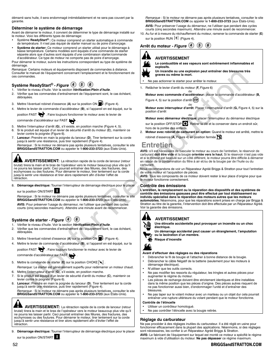 Not for reproduction, Entretien | Briggs & Stratton 140000 User Manual | Page 52 / 92
