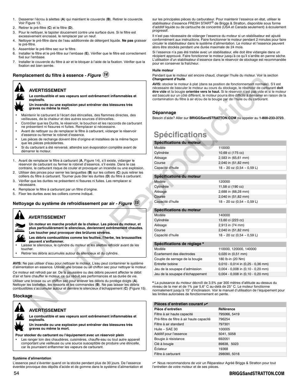 Not for reproduction, Spécifications | Briggs & Stratton 140000 User Manual | Page 54 / 92