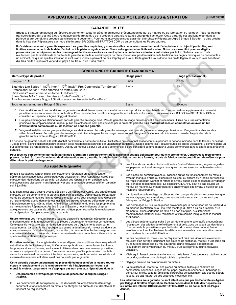 Not for reproduction | Briggs & Stratton 140000 User Manual | Page 55 / 92