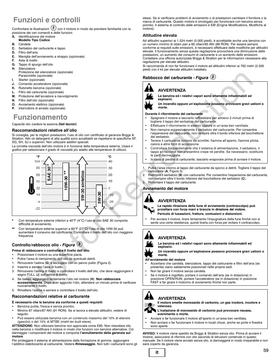 Not for reproduction, Funzioni e controlli, Funzionamento | 59 it | Briggs & Stratton 140000 User Manual | Page 59 / 92