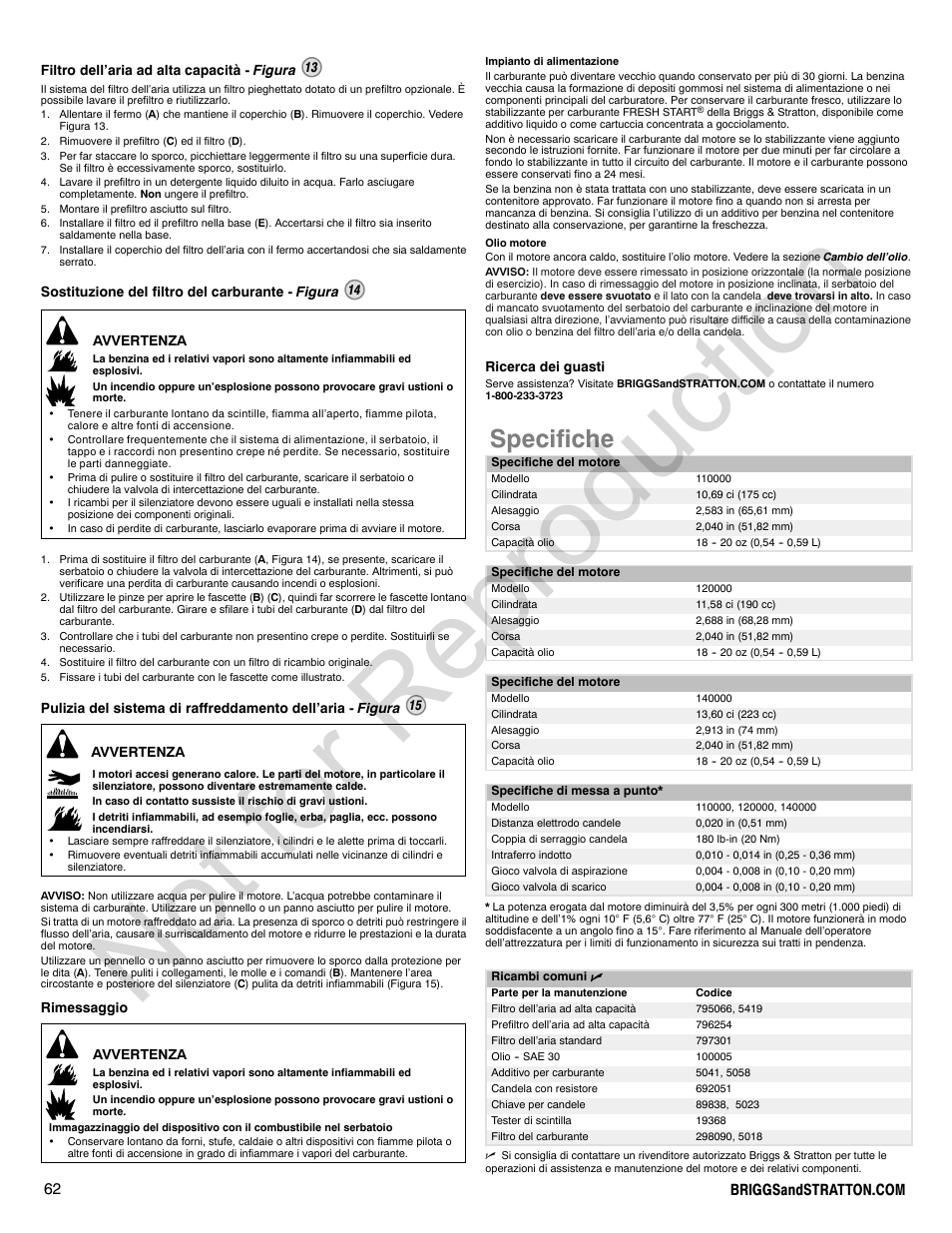 Not for reproduction, Specifiche | Briggs & Stratton 140000 User Manual | Page 62 / 92