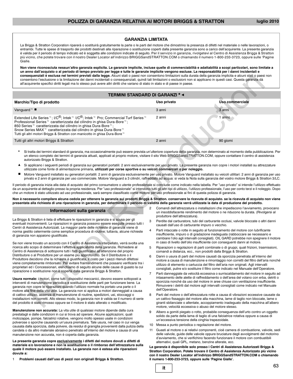 Not for reproduction | Briggs & Stratton 140000 User Manual | Page 63 / 92