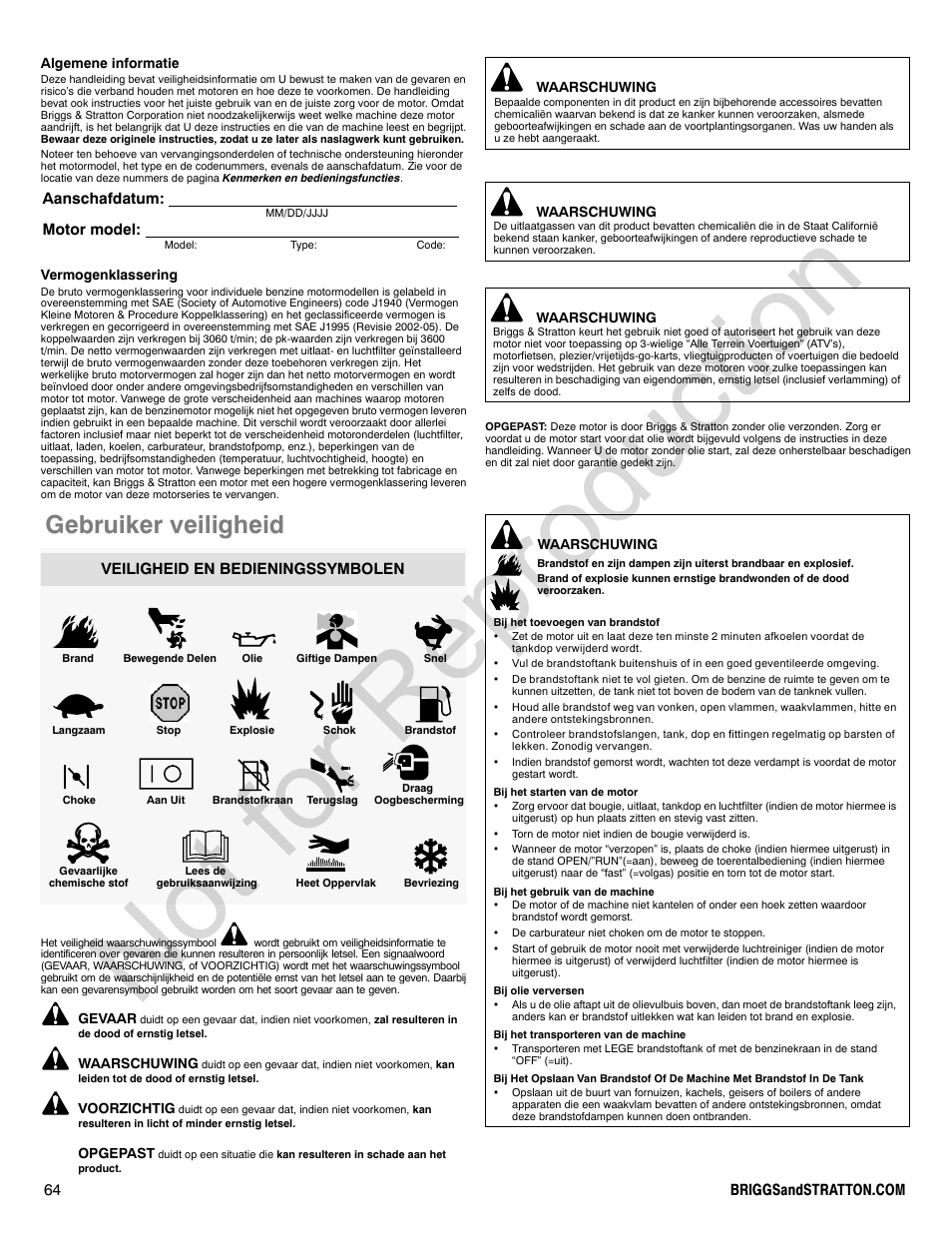 Not for reproduction, Gebruiker veiligheid, Aanschafdatum: motor model | Veiligheid en bedieningssymbolen | Briggs & Stratton 140000 User Manual | Page 64 / 92