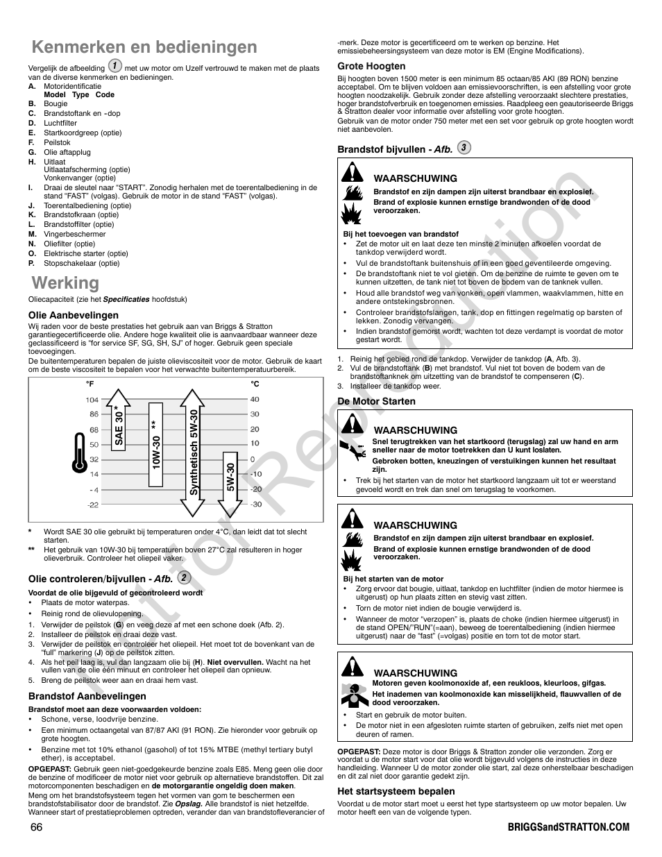 Not for reproduction, Kenmerken en bedieningen, Werking | Briggs & Stratton 140000 User Manual | Page 66 / 92