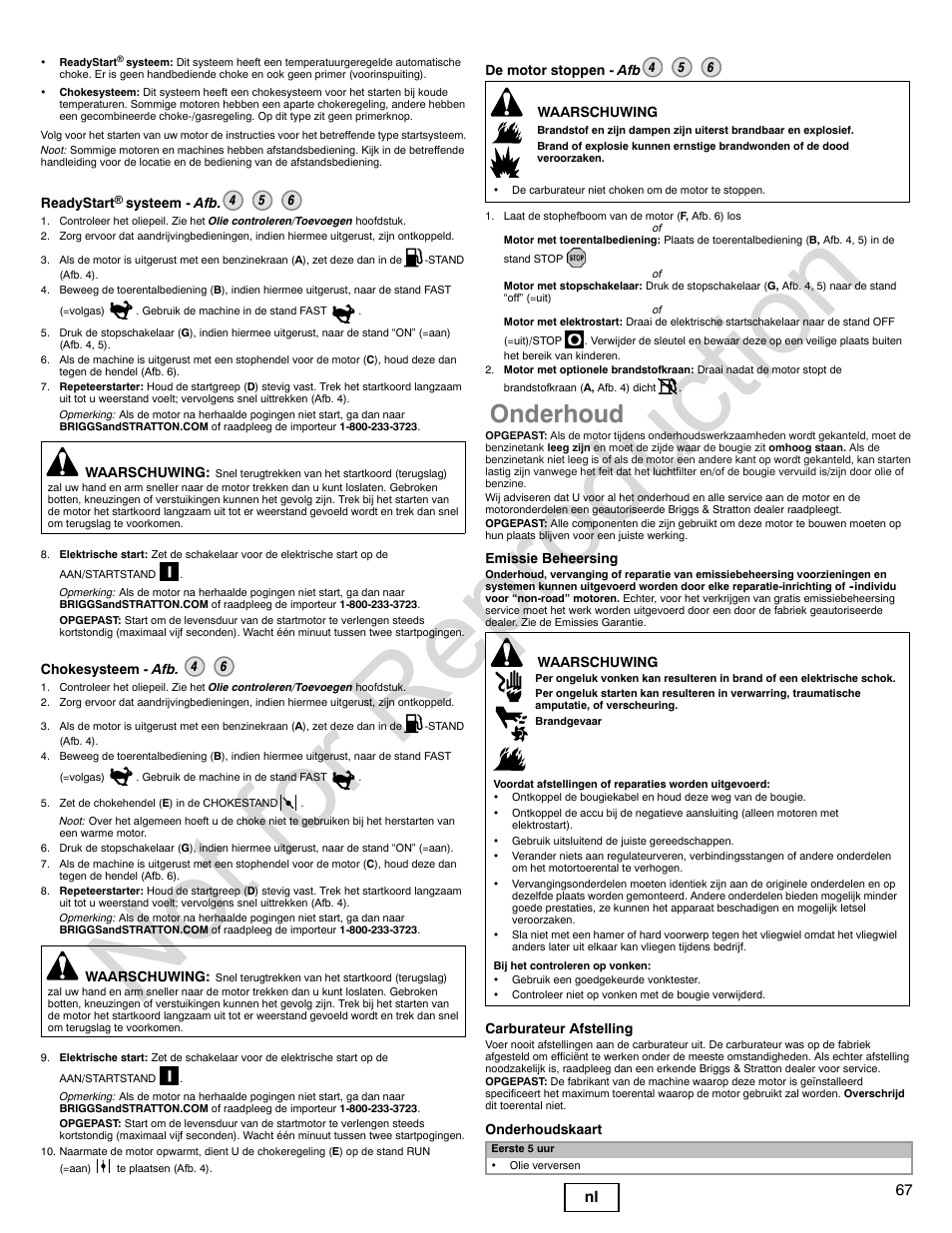 Not for reproduction, Onderhoud, 67 nl | Briggs & Stratton 140000 User Manual | Page 67 / 92