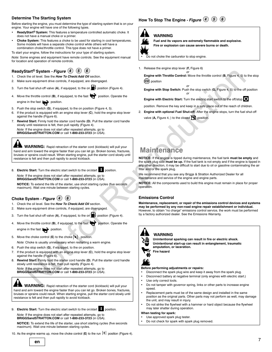 Not for reproduction, Maintenance | Briggs & Stratton 140000 User Manual | Page 7 / 92