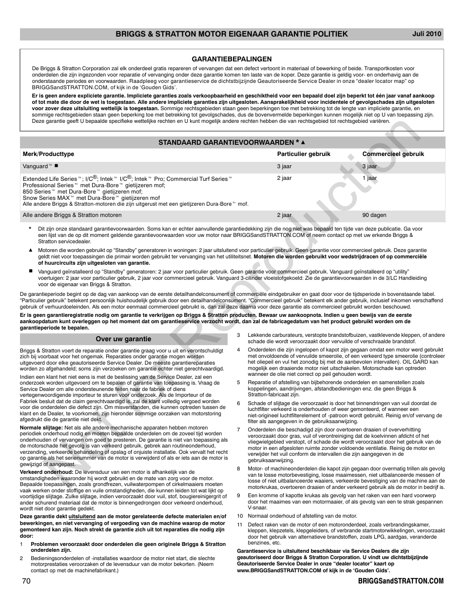 Not for reproduction | Briggs & Stratton 140000 User Manual | Page 70 / 92