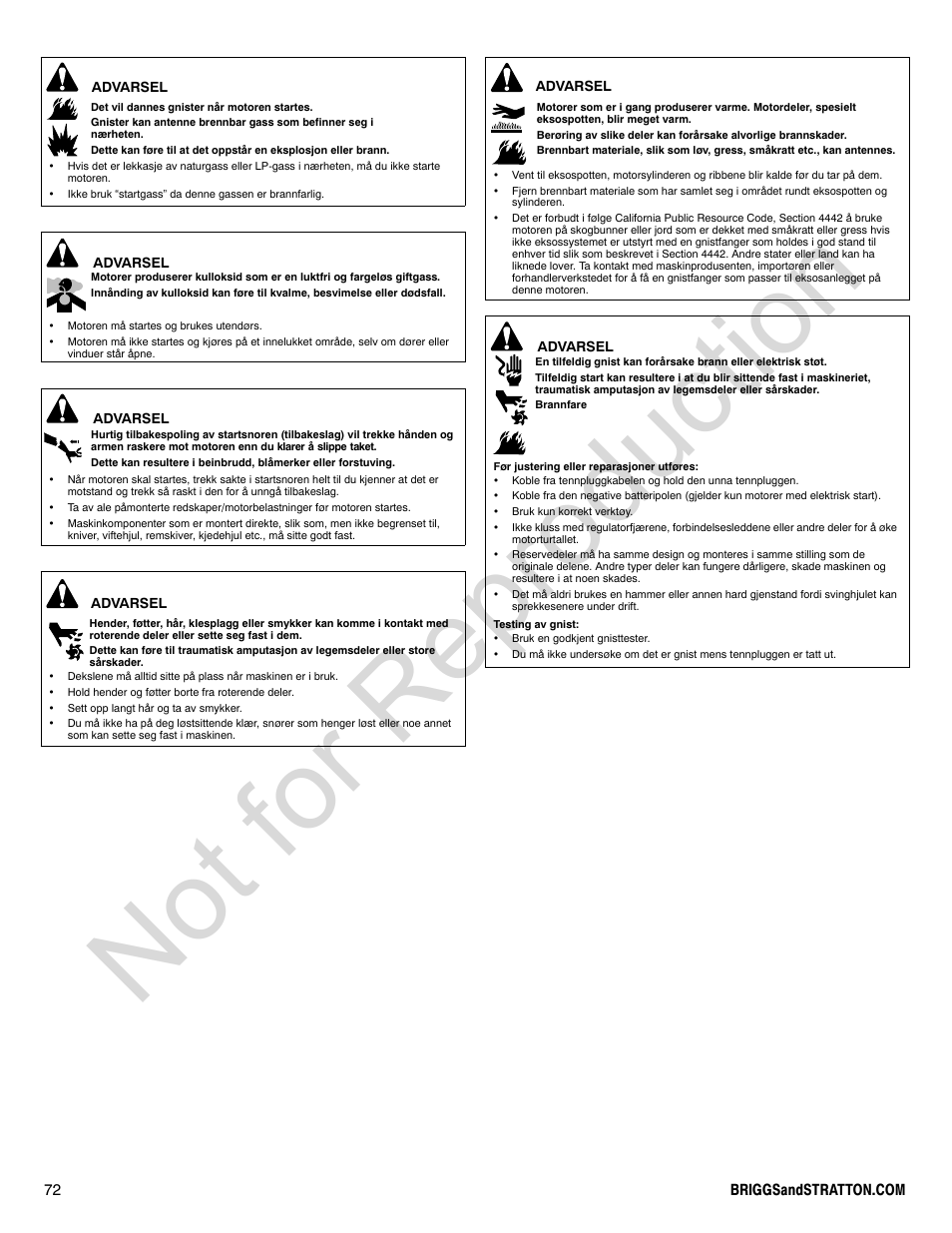 Not for reproduction | Briggs & Stratton 140000 User Manual | Page 72 / 92