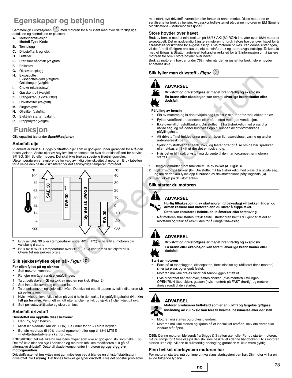 Not for reproduction, Egenskaper og betjening, Funksjon | Briggs & Stratton 140000 User Manual | Page 73 / 92
