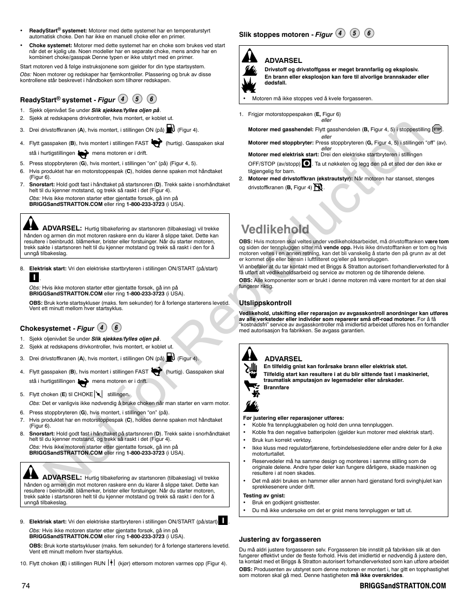 Not for reproduction, Vedlikehold | Briggs & Stratton 140000 User Manual | Page 74 / 92