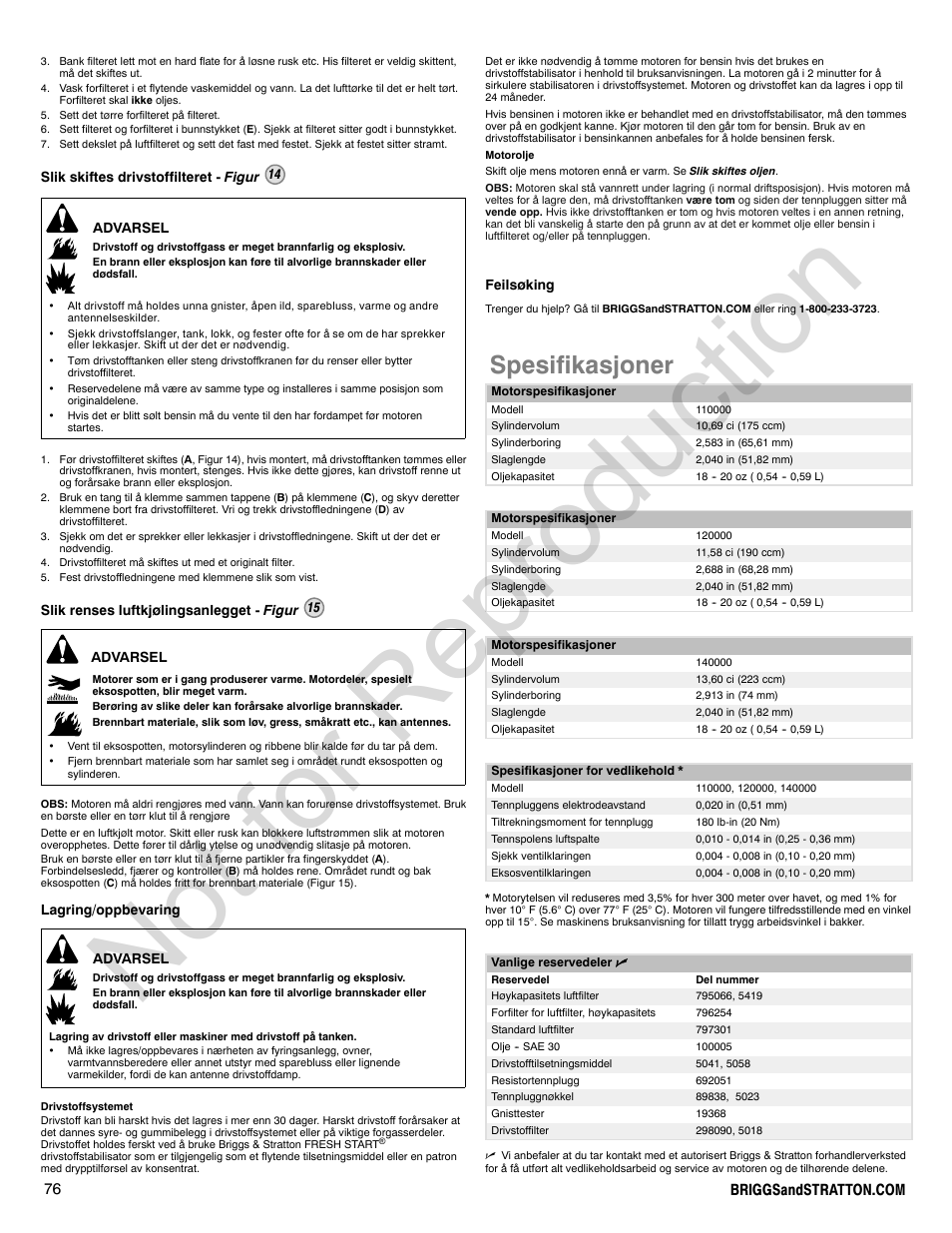 Not for reproduction, Spesifikasjoner | Briggs & Stratton 140000 User Manual | Page 76 / 92