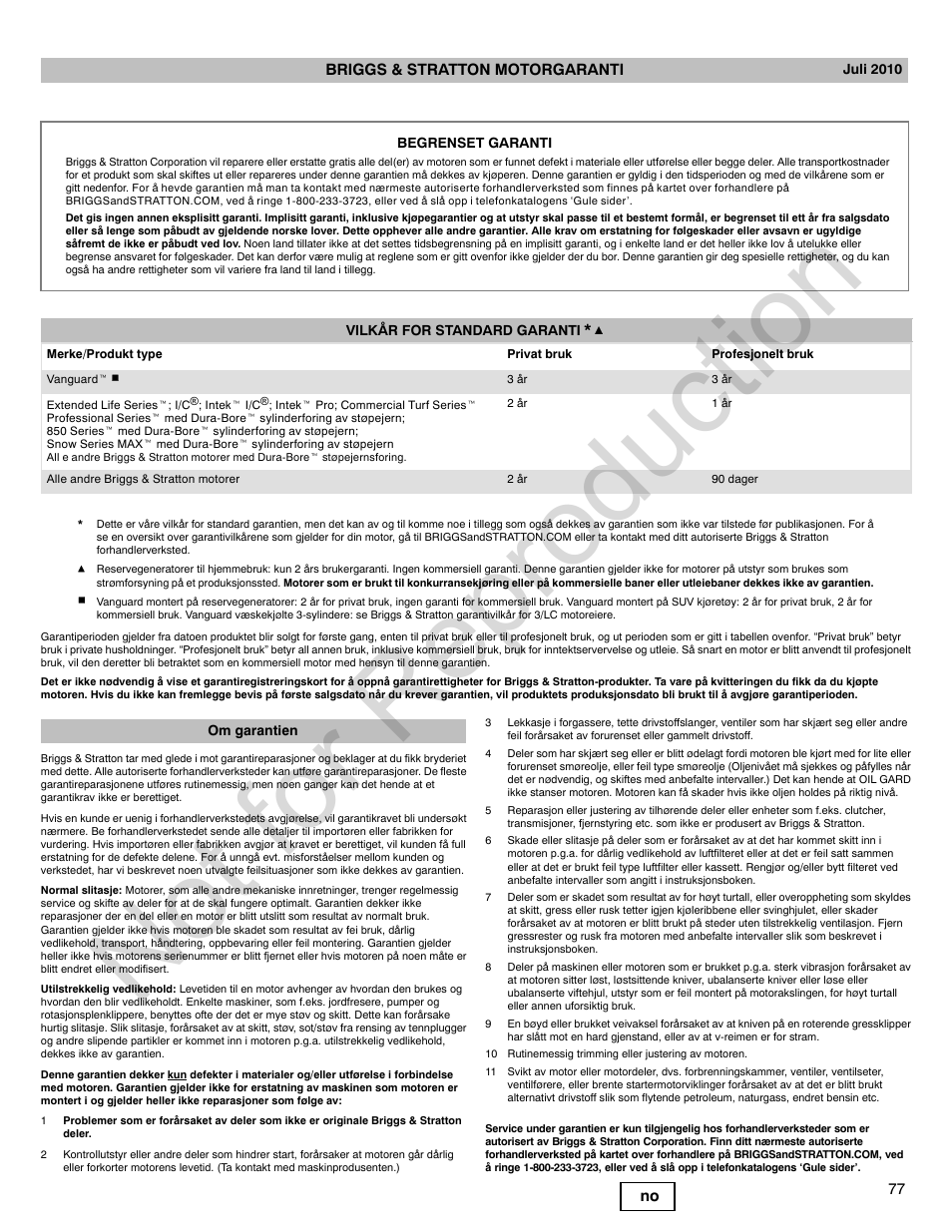 Not for reproduction, 77 no briggs & stratton motorgaranti | Briggs & Stratton 140000 User Manual | Page 77 / 92