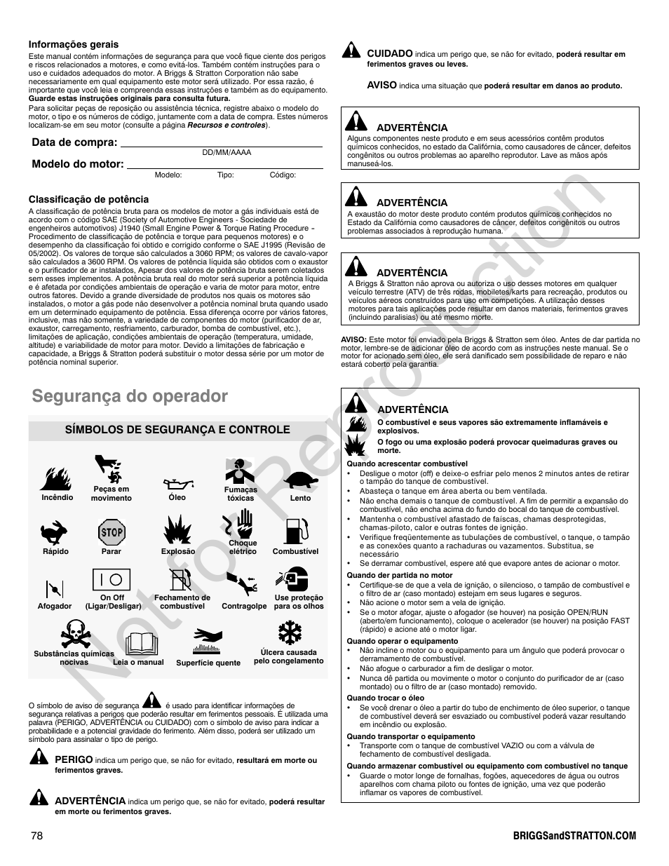 Not for reproduction, Segurança do operador, Data de compra: modelo do motor | Símbolos de segurança e controle | Briggs & Stratton 140000 User Manual | Page 78 / 92