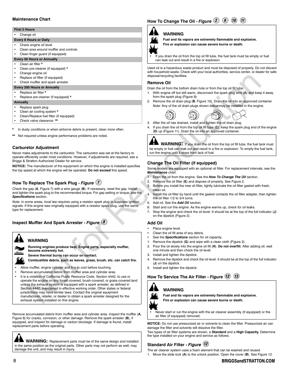 Not for reproduction | Briggs & Stratton 140000 User Manual | Page 8 / 92