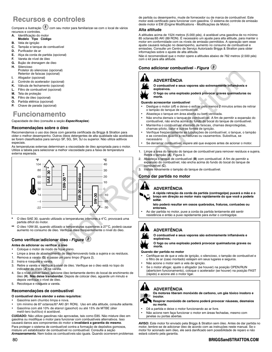 Not for reproduction, Recursos e controles, Funcionamento | Briggs & Stratton 140000 User Manual | Page 80 / 92