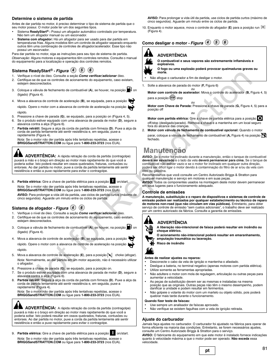 Not for reproduction, Manutenção, 81 pt | Briggs & Stratton 140000 User Manual | Page 81 / 92