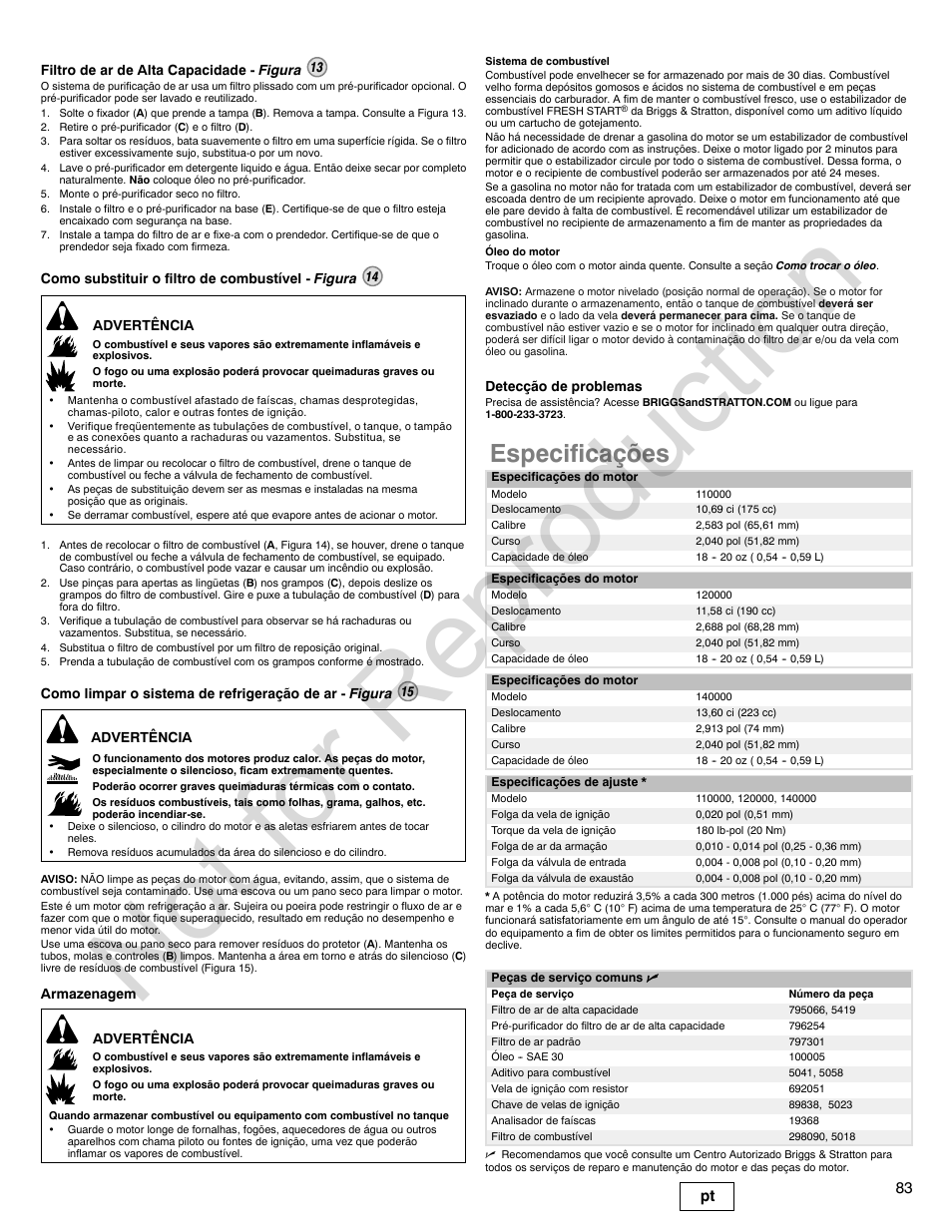 Not for reproduction, Especificações, 83 pt | Briggs & Stratton 140000 User Manual | Page 83 / 92