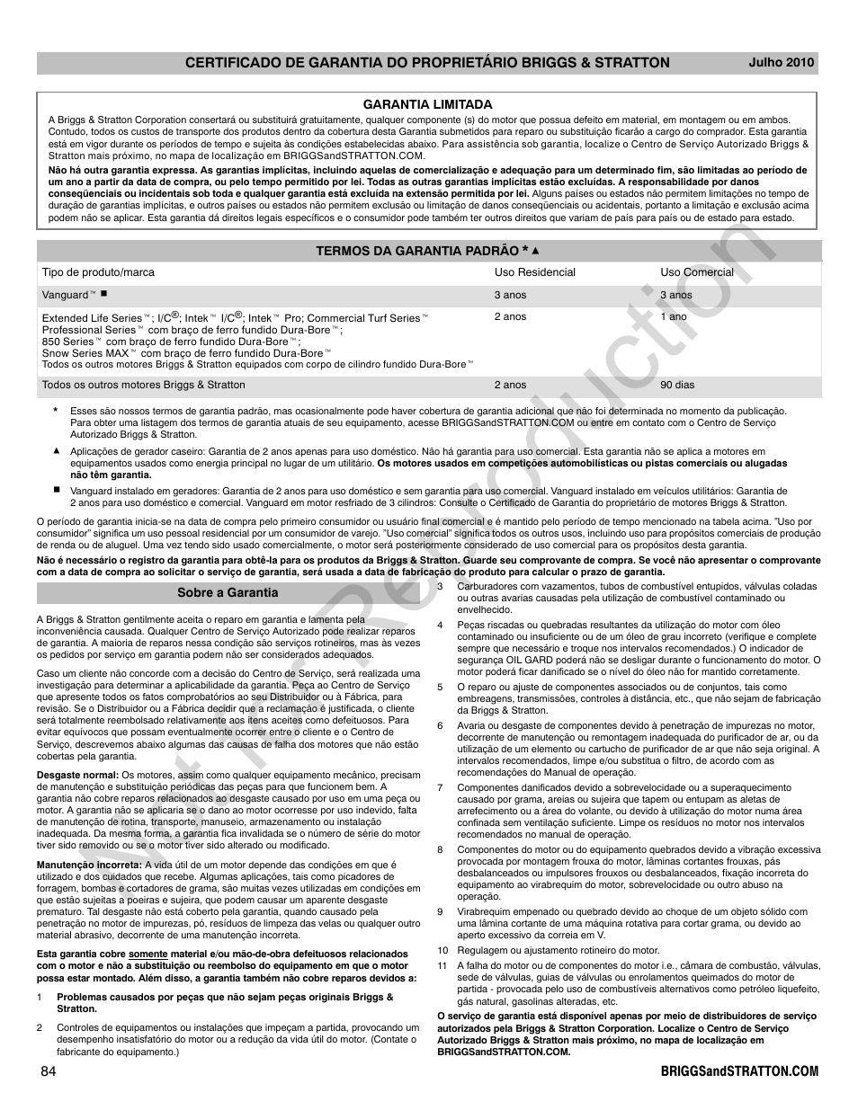 Not for reproduction | Briggs & Stratton 140000 User Manual | Page 84 / 92