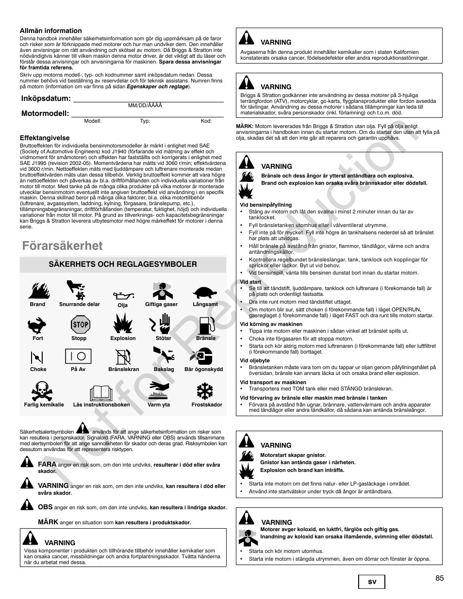 Not for reproduction, Förarsäkerhet, 85 sv | Inköpsdatum: motormodell, Säkerhets och reglagesymboler | Briggs & Stratton 140000 User Manual | Page 85 / 92