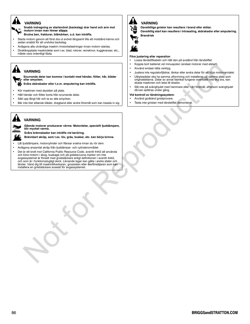 Not for reproduction | Briggs & Stratton 140000 User Manual | Page 86 / 92