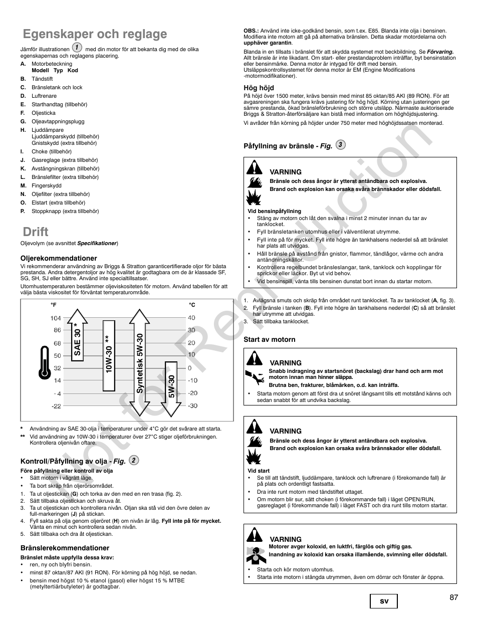 Not for reproduction, Egenskaper och reglage, Drift | Briggs & Stratton 140000 User Manual | Page 87 / 92