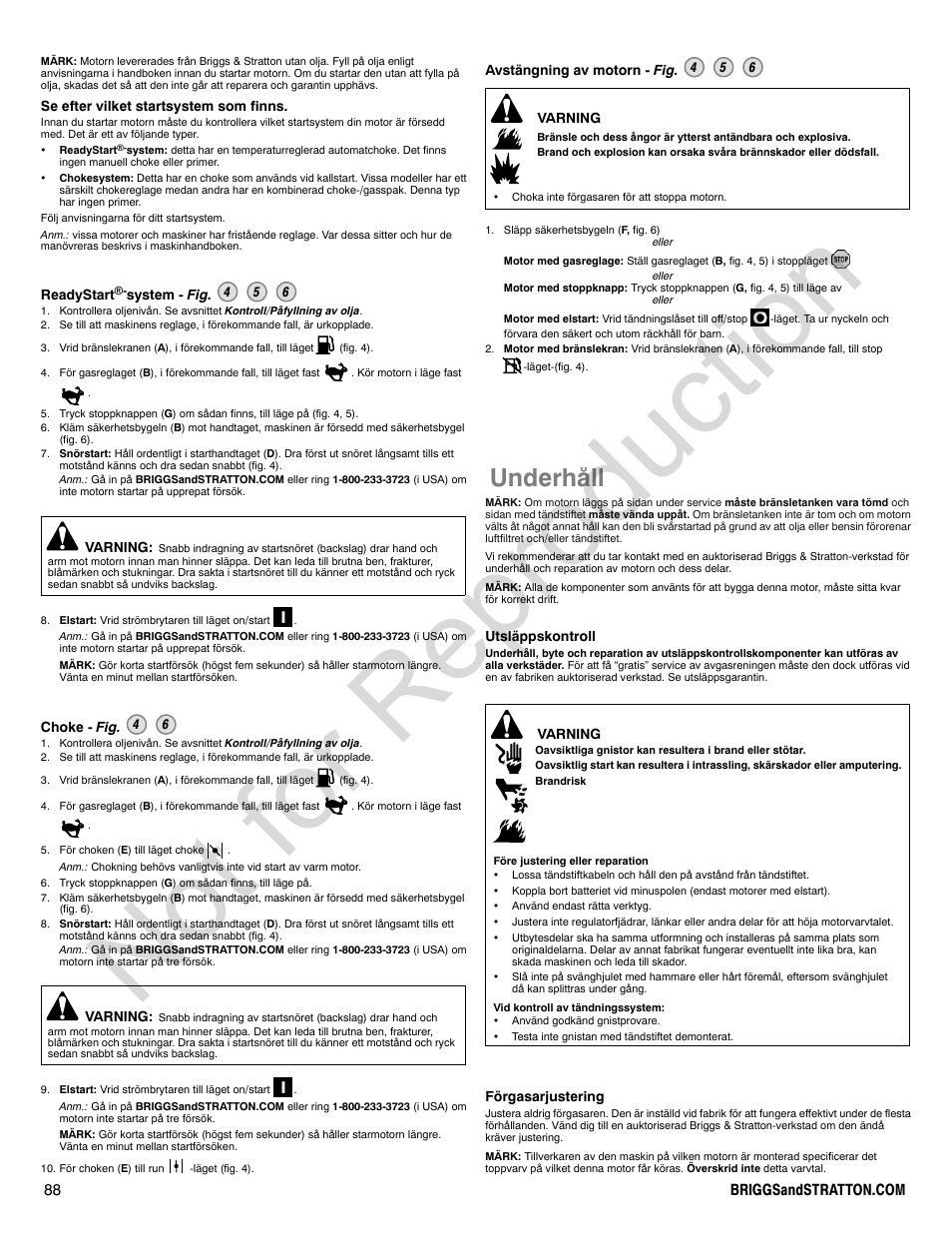 Not for reproduction, Underhåll | Briggs & Stratton 140000 User Manual | Page 88 / 92