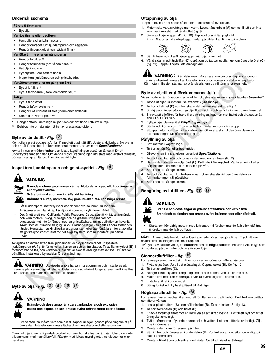 Not for reproduction, 89 sv | Briggs & Stratton 140000 User Manual | Page 89 / 92
