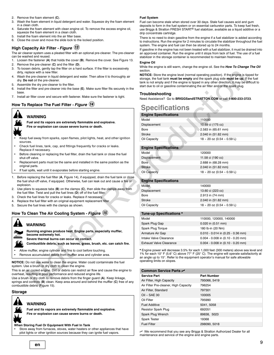 Not for reproduction, Specifications | Briggs & Stratton 140000 User Manual | Page 9 / 92