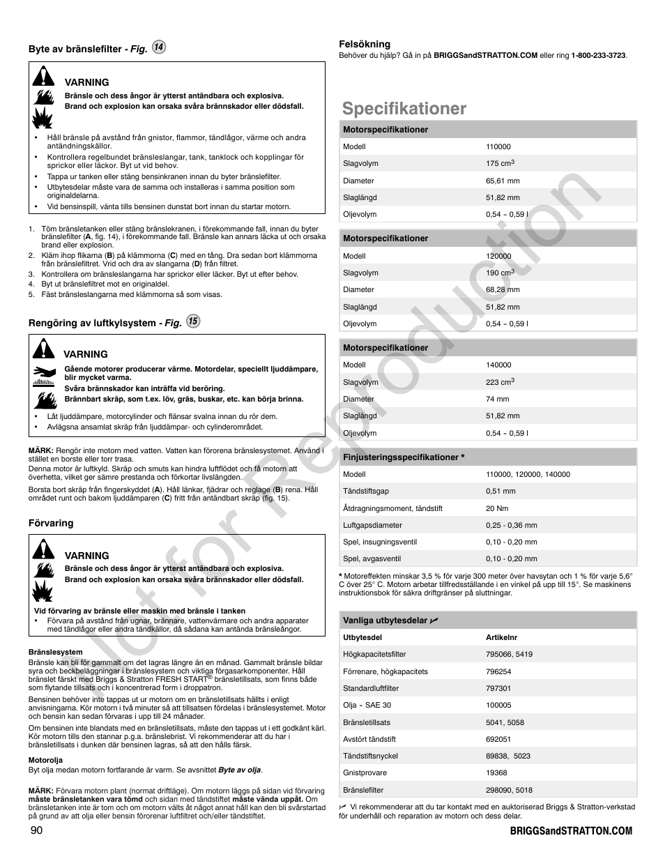 Not for reproduction, Specifikationer | Briggs & Stratton 140000 User Manual | Page 90 / 92