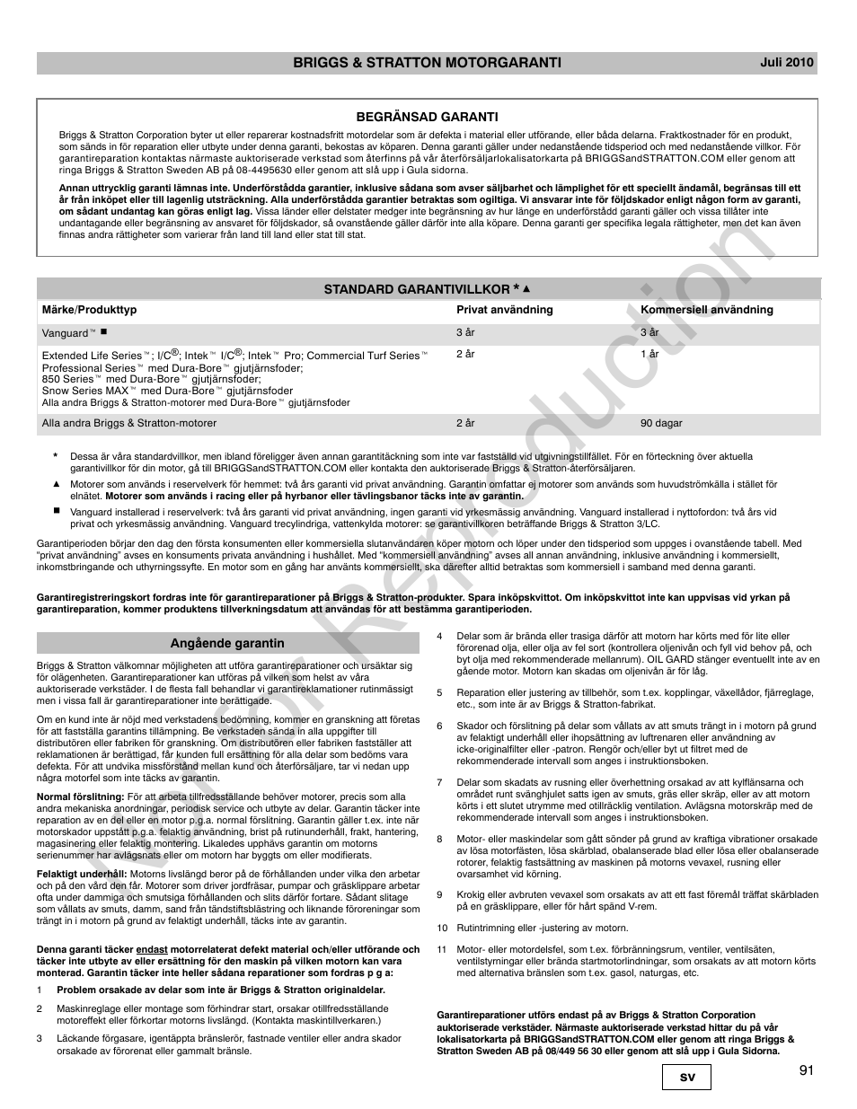 Not for reproduction, 91 sv briggs & stratton motorgaranti | Briggs & Stratton 140000 User Manual | Page 91 / 92