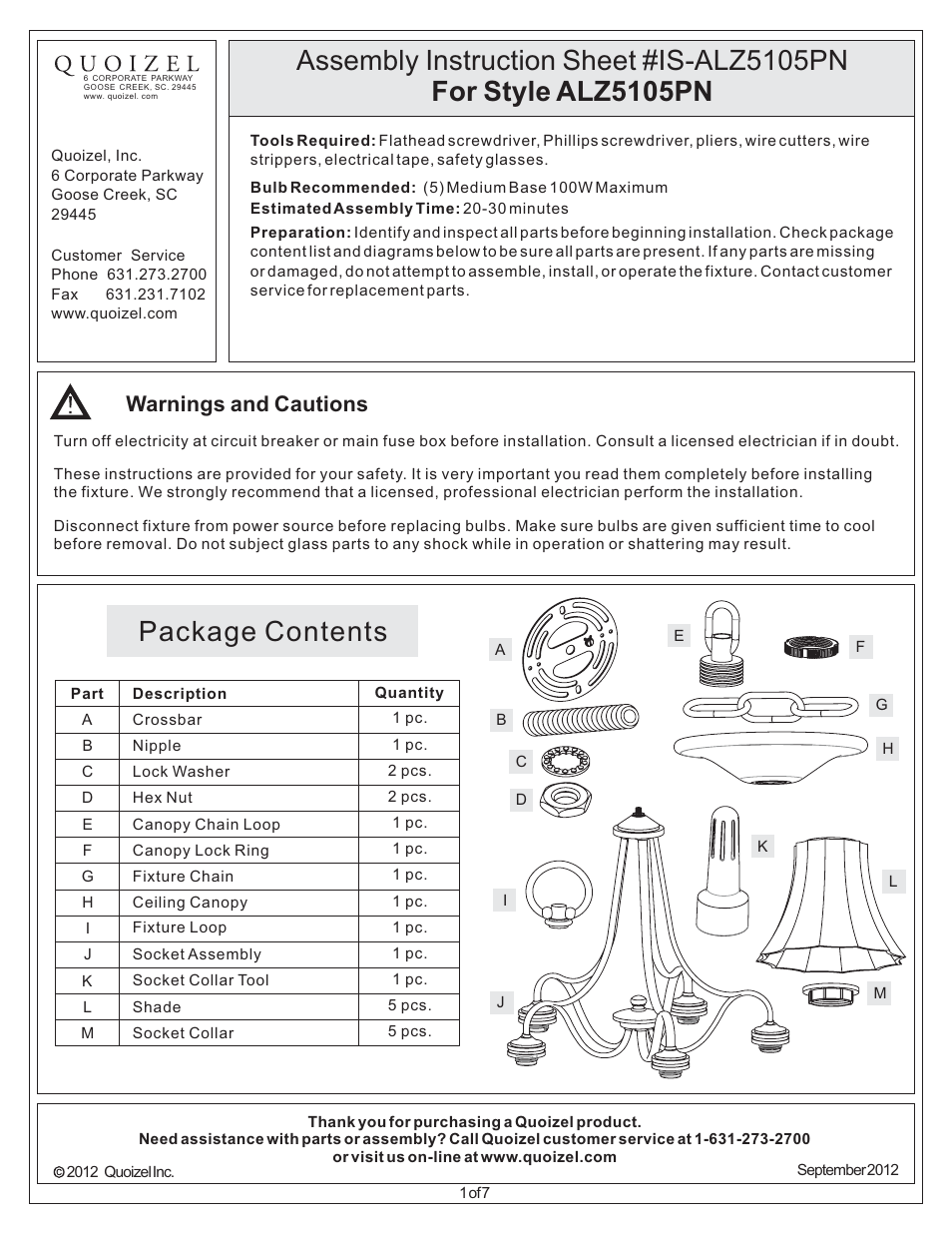 Quoizel ALZ5105PN Aliza User Manual | 7 pages