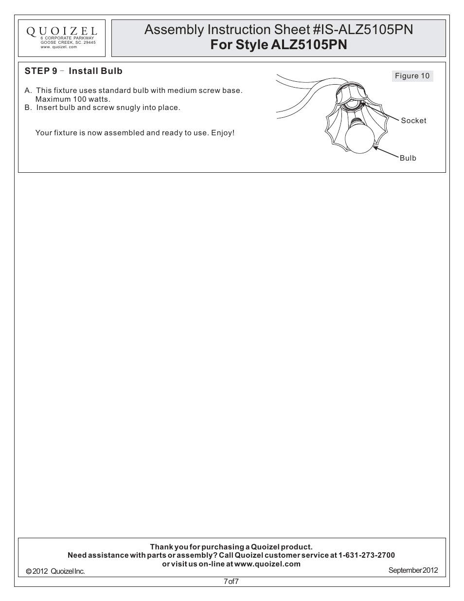 Quoizel ALZ5105PN Aliza User Manual | Page 7 / 7