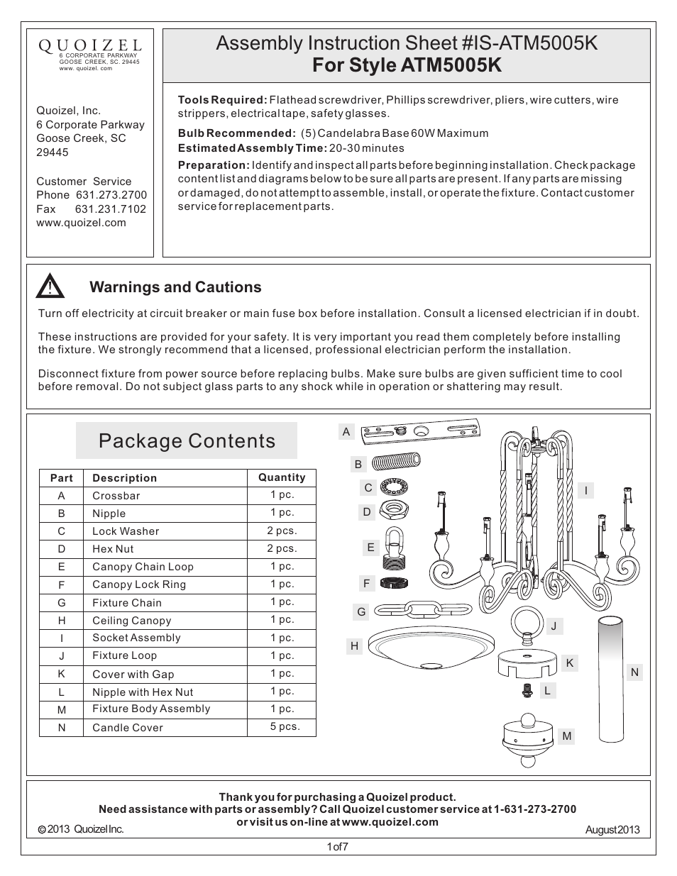 Quoizel ATM5005K Atrium User Manual | 7 pages